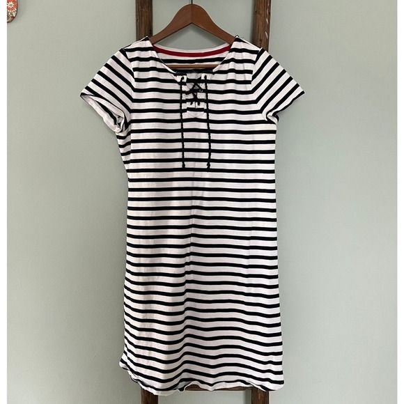 Talbots Striped Knit Dress Lace-Up Neck Short Sleeve Casual White Black M - Picture 1 of 7